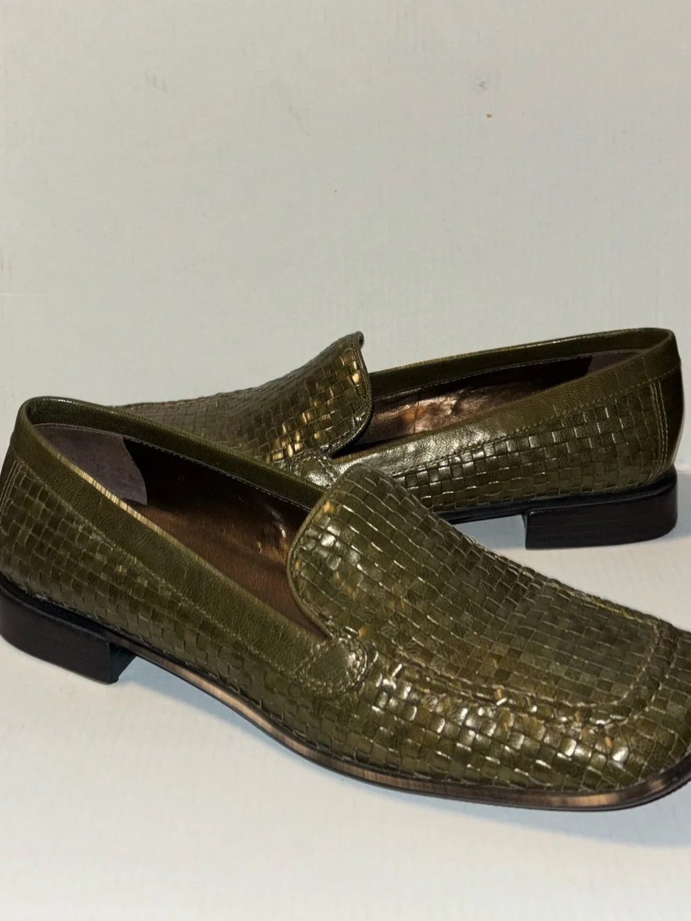 A. Marinelli Olive Woven Leather Loafers olive green Woman's Size 8 square toe
